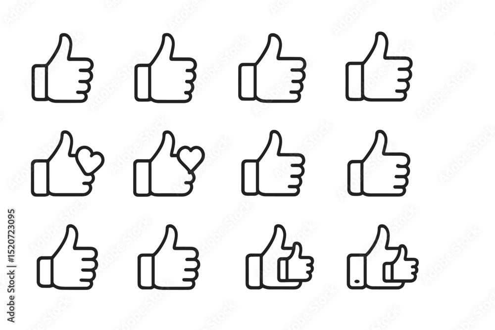 Poster collection of various thumbs up icons expressing different levels of approval and positivity in simp