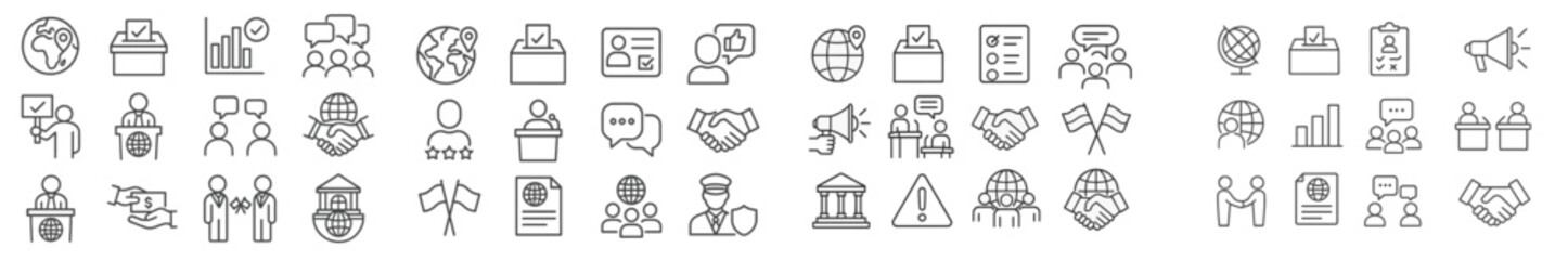 Collection of various outline icons representing global collaboration, business metrics, and community engagement activities