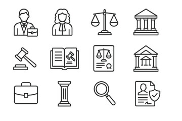 Legal symbols representing justice, law enforcement, and judicial systems in a sleek monochrome design illustrating legal themes