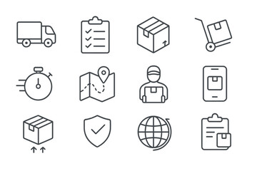 Deliveries and logistics icons illustrating the process of shipment and transportation in a modern supply chain environment