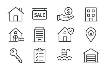 Real estate icons depicting home buying, selling, and property management activities online