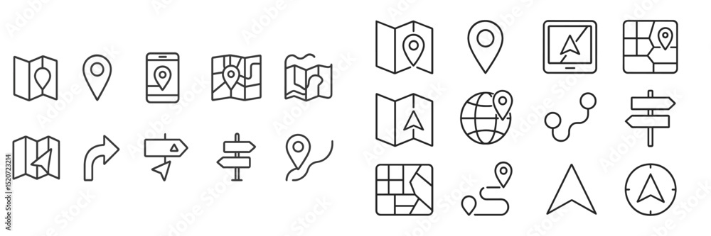 Poster variety of minimalist map icons representing navigation, location markers, and directional signs in 
