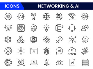 Vector illustration web line icons showcasing networking and AI concepts: connected nodes, neural networks, data exchange, artificial intelligence, machine learning, and digital communication.
