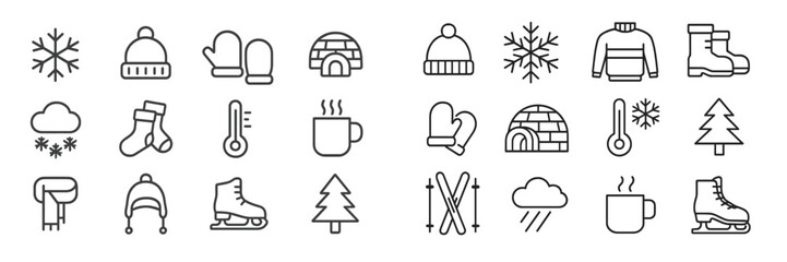 Winter themed icons including snowflakes, mittens, boots, and holiday sweaters create a festive atmosphere