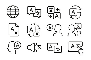 Symbols representing language translation with a globe and conversation elements displayed clearly and simply
