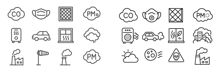 Illustration of air quality symbols and icons depicting pollution and protection measures in an urban environment
