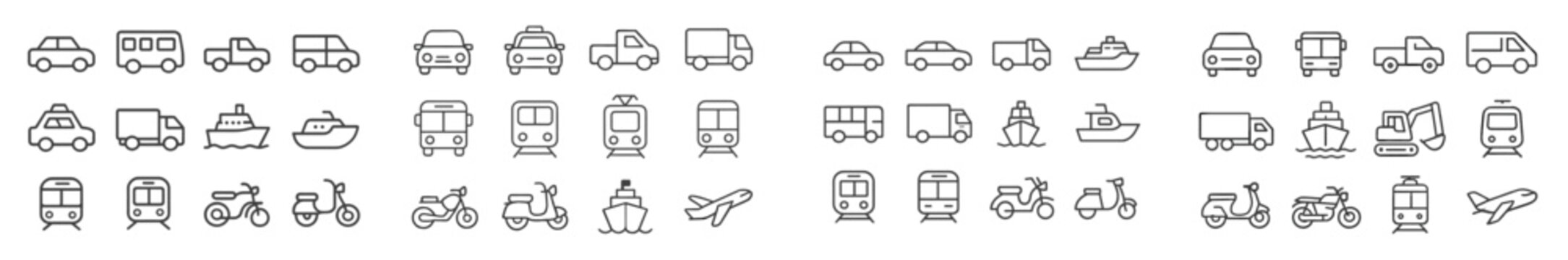 Various modes of transportation illustrated in simple line art design showcasing land, water, and air vehicles