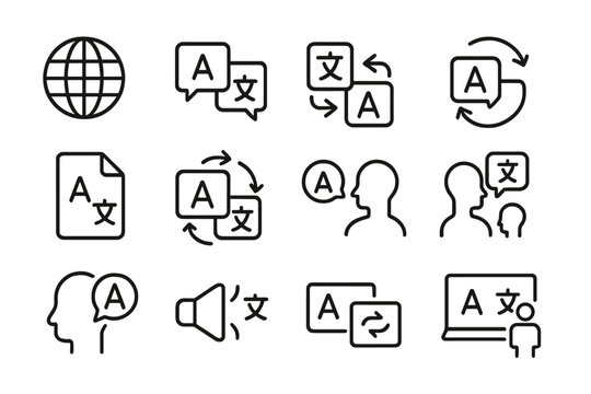 Symbols representing language translation with a globe and conversation elements displayed clearly and simply