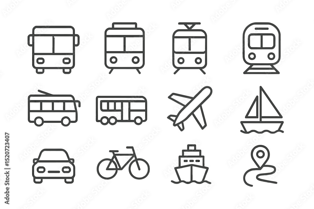 Poster different modes of transportation depicted through simple line art on a blank background