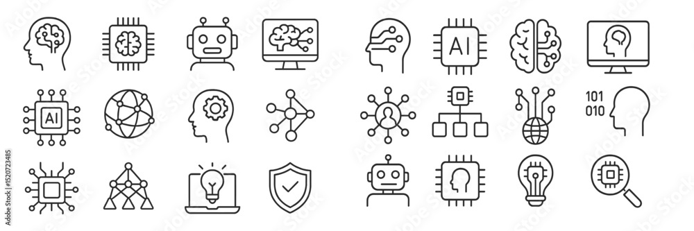 Poster illustration of artificial intelligence concepts and technologies with various icons representing di