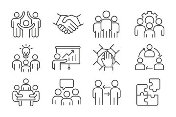 Creative cooperation and teamwork icons showcasing collaboration, leadership, and problem-solving skills in various activities