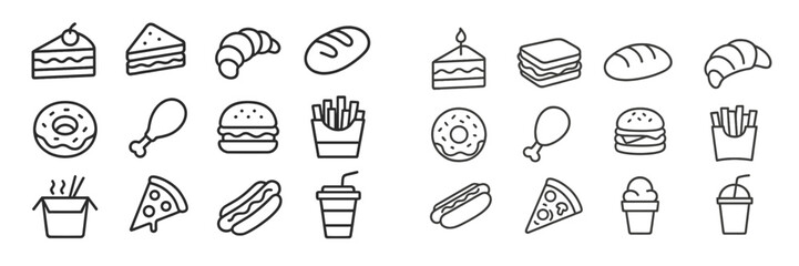 Variety of food icons featuring desserts, snacks, and beverages on a clean white background