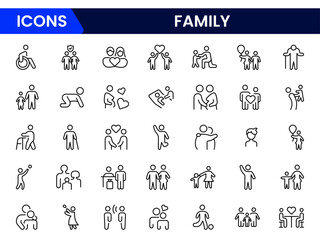 vector icons depicting family: parents, children, love, support, home, togetherness, bonding, care, happiness, and shared moments.
