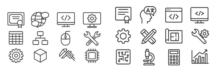 Collection of simple line icons representing technology, coding, and education related themes in a modern design layout