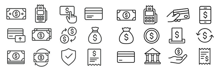 Collection of financial transaction icons depicting various payment methods and money management concepts