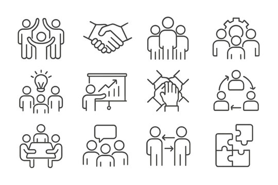 Creative cooperation and teamwork icons showcasing collaboration, leadership, and problem-solving skills in various activities