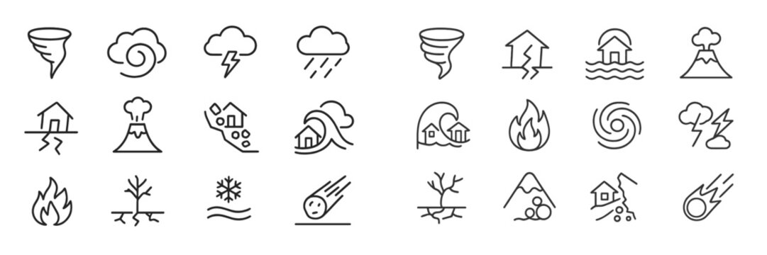 Various weather and natural disaster icons representing different phenomena in simple line art style