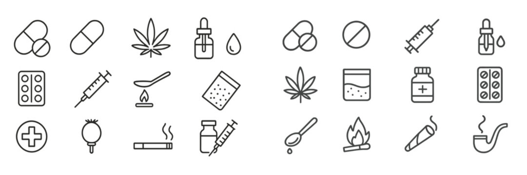 Various symbols representing different substances and methods of consumption related to health and wellness in a minimalist style