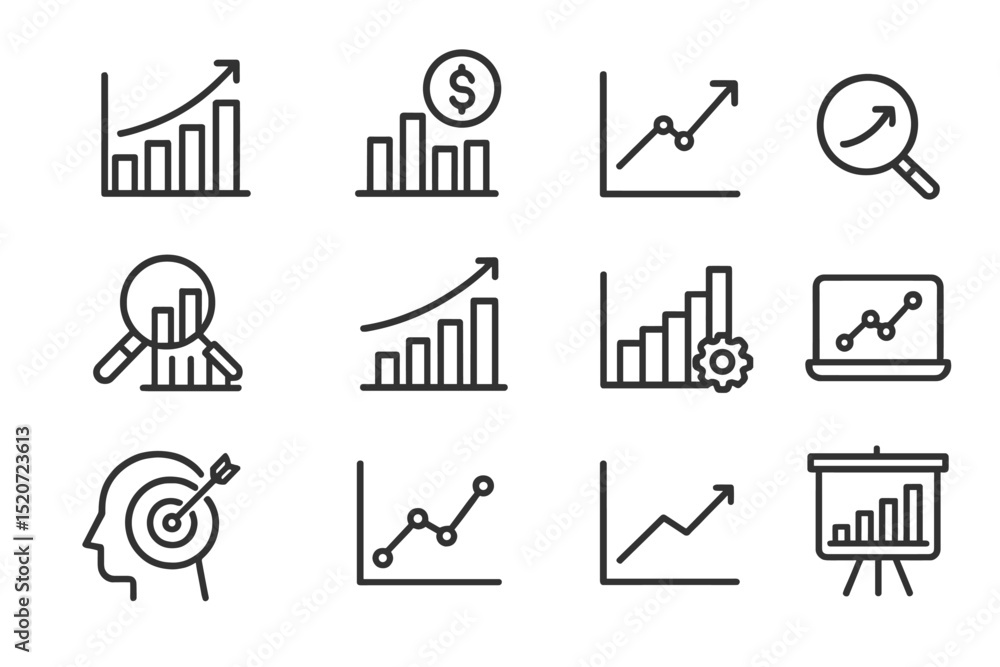 Aufkleber various line graphs and growth icons illustrating financial analysis and data trends in a business c