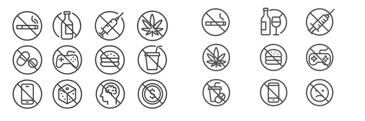 Symbols representing restrictions on various substances and activities in a minimalist design, displayed for educational purposes in a public space