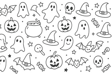 Fun and playful Halloween themed doodles featuring ghosts, pumpkins, bats, and witches hats on a white background