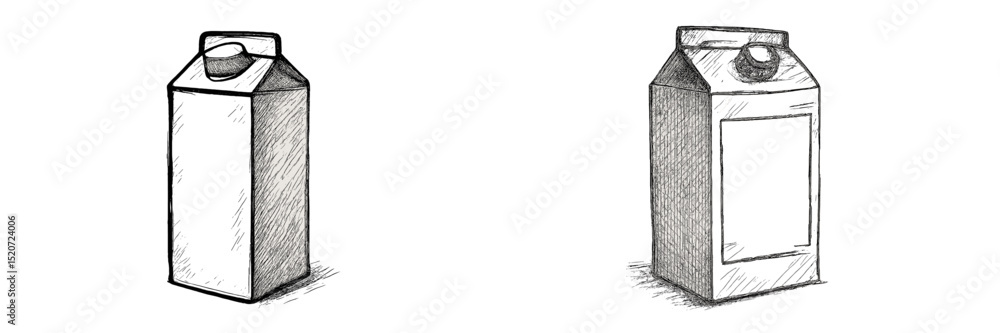 Poster simple sketches of two empty milk cartons on a white background showing different designs and shapes