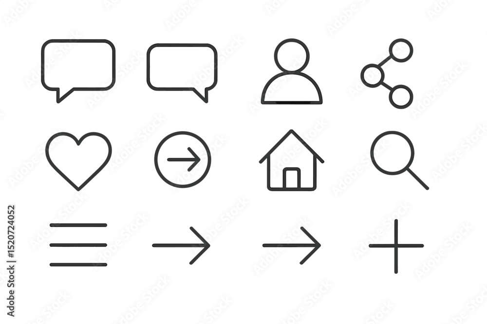 Poster collection of minimalistic icons featuring chat bubbles, user profiles, and navigation symbols suita