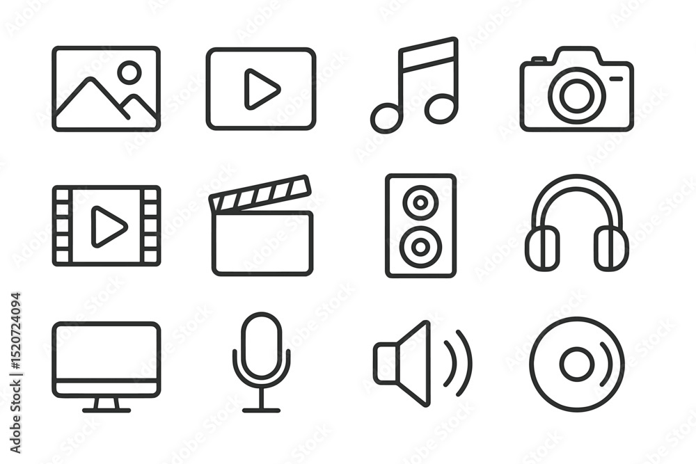 Aufkleber collection of multimedia icons representing various forms of entertainment and communication tools