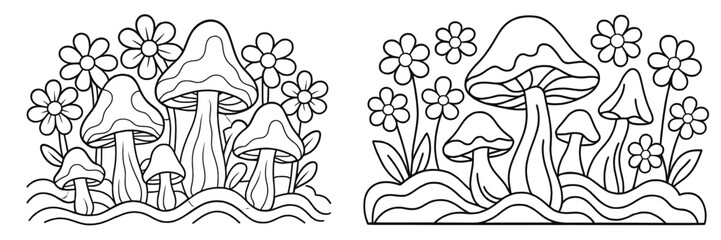 Colorful mushrooms and flowers in a whimsical garden setting suitable for a fun and creative art activity