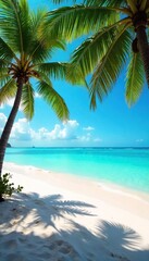 Sun-drenched beach scene with vibrant turquoise water, soft white sand, and lush palm trees swaying gently in the breeze, perfect for summer holiday escapes , ocean, lush, serene
