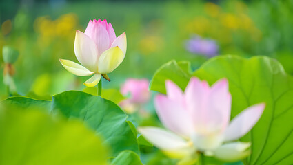 Fototapeta premium Beautiful pink lotus flowers and water lilies blossom gracefully in a serene pond, their petals and leaves a vibrant display of aquatic flora in nature's summer garden