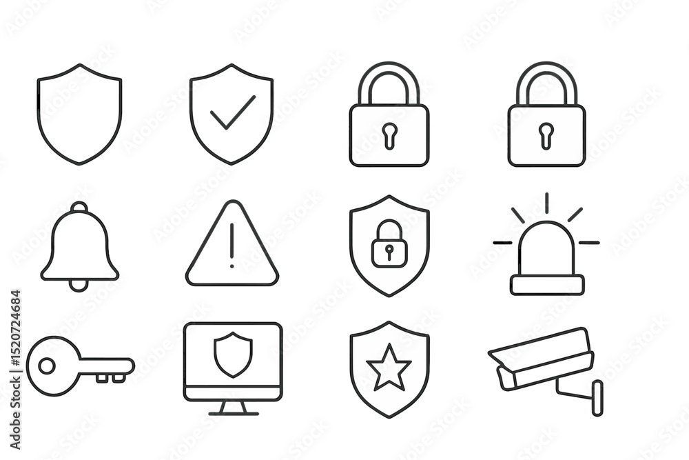Poster collection of security-related icons representing protection, alerts, and monitoring activities in a