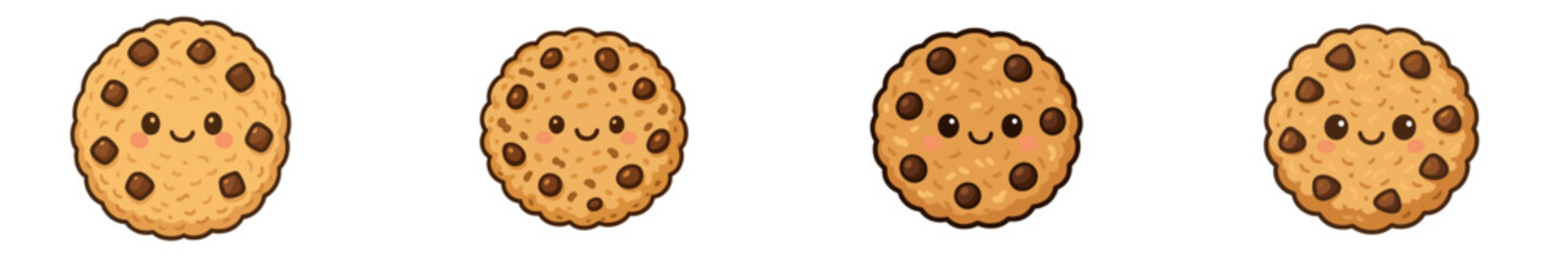 Happy cartoon cookies with chocolate chips on a white background during a cheerful baking theme
