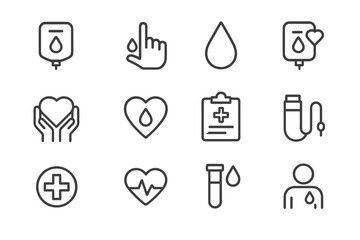 Collection of medical icons representing blood donation and healthcare elements in minimalistic design