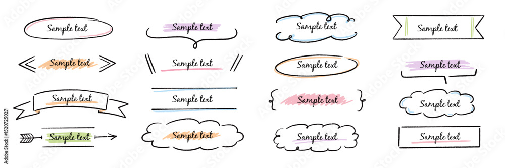 Aufkleber text box hand drawn frame title banner set. hand drawn doodle line banner, ribbon line label memo sh