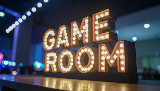 A sign that says Game Room with lights on it. The sign is lit up and is on a table