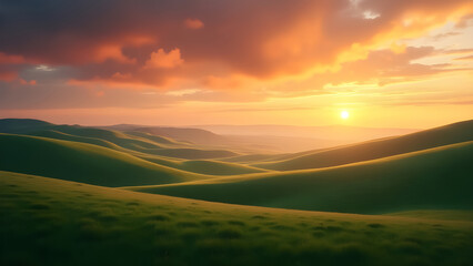 Fototapeta premium Dramatic Twilight Sky Over Rolling Fields at Sunset