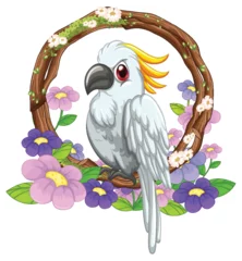 Gordijnen Cute Cockatoo with Floral Wreath Frame © GraphicsRF