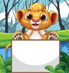 Fototapete Rund Cute Lion Cub with Blank Sign © GraphicsRF