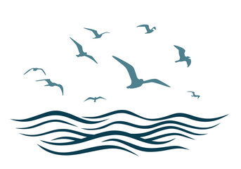 Flock of birds with blue sea.
