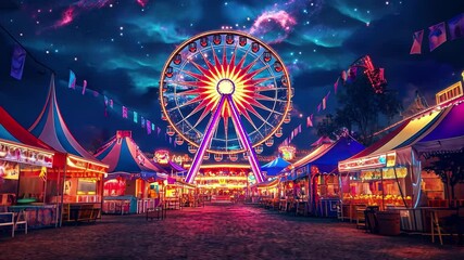 Colorful carnival lights illuminate a vibrant night sky with a giant ferris wheel at a festive fair, Colorful carnival at night with ferris wheel and vibrant tents under starry sky Festival concept