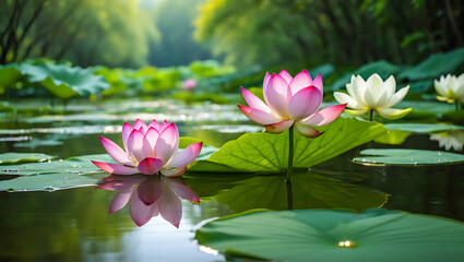 Beautiful pink water lilies and lotus flowers blooming in a summer pond with green leaves