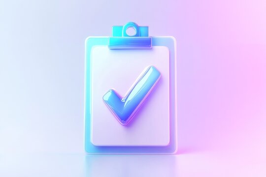 3D rendered pastel clipboard with a glossy blue checkmark, signifying completion or approval, against a light gradient background