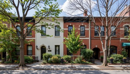Fototapeta premium Charming Urban Townhouses with Lush Greenery and Trees on a Sunny Day in a Residential Neighborhood