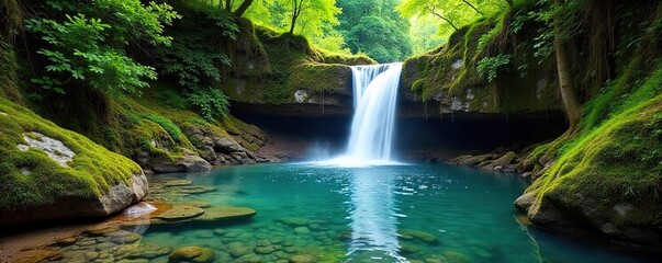 Serene waterfall cascading down mossy rocks into a crystal-clear pool, surrounded by lush green forest Perfect for nature, travel, and relaxation themes , ecosystem, rainforest