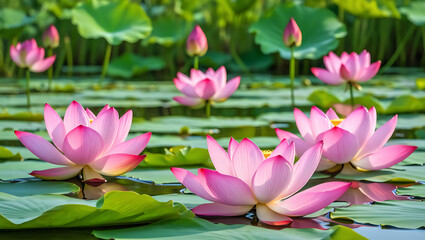 Obraz premium Pink lotus water lilies bloom beautifully in a serene pond, their petals unfurling a vibrant blossom in nature's summer garden