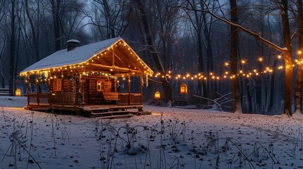 :Winter landscape. Panorama with a wooden hut on a meadow covered with snow. New Year's lanterns illuminate the house in the evening. Yellow garlands. Mystical night. Forests