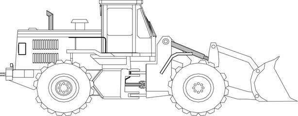 Wheel Loader Vector Isolated on White Background. Loading Shovel. Manufacturing Equipment. Pneumatic Truck. Tractor Front End Loader. Heavy Equipment Machine.
