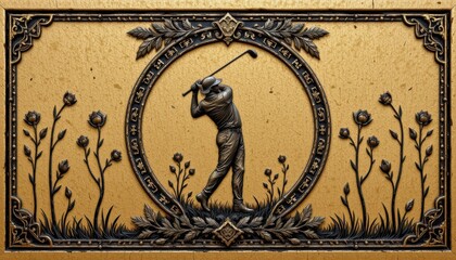 Intricate Gold Relief Sculpture of Golfer in Action Surrounded by Ornamental Floral Design