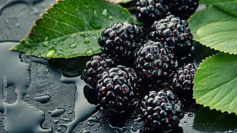 Poster fresh blackberries with dew and leaves on a wet surface create an inviting display for fruit lovers,